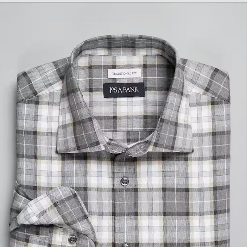 Jos. A. Bank Traditional Fit Spread Collar Plaid Flannel Sportshirt - Grey/Taupe